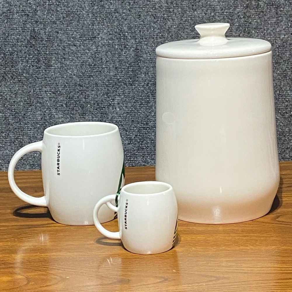 Starbucks White Ceramic Coffee Canister 14oz Mug and‎ 3oz Mini Mug Ornament Set